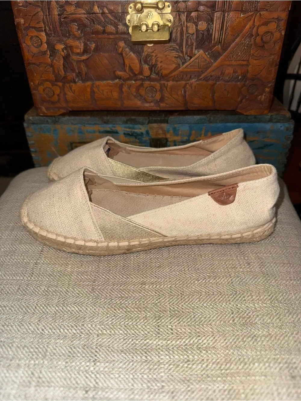 Sperry Katama Top Siders Espadrilles Cream Beige with Gold Metallic Accents